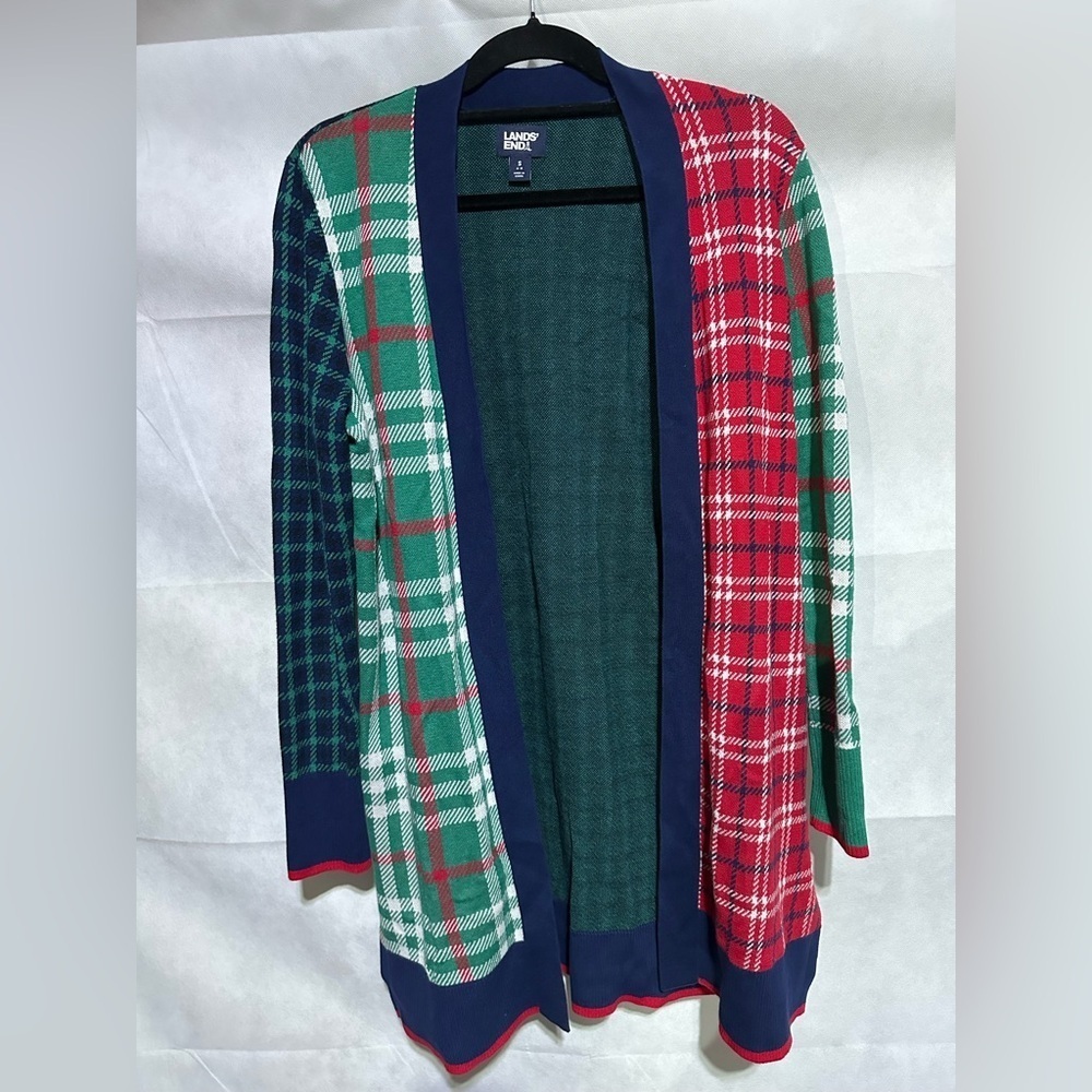 Land's End Womens Small Plaid Open Front Cardigan Academia 90s Christmas Holiday